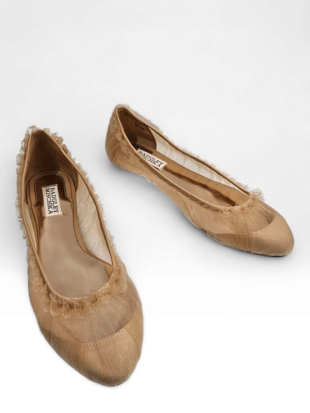 BADGLEY MISCHKA Nude Beige Ruched Mesh Ballet Flats 8M